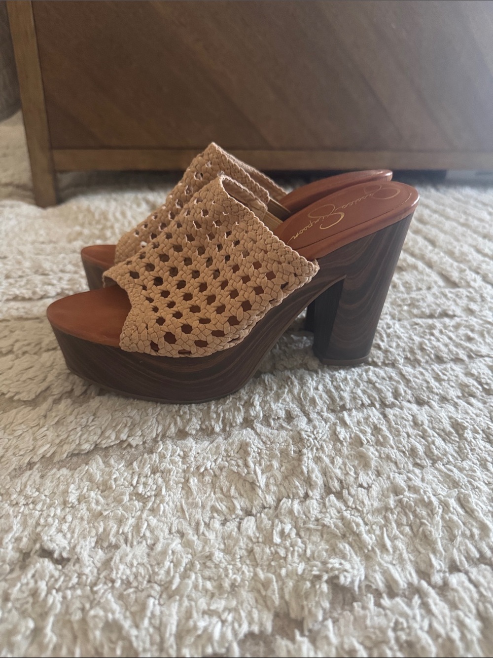 Jessica Simpson Tan Crochet Platform Mule Sandals